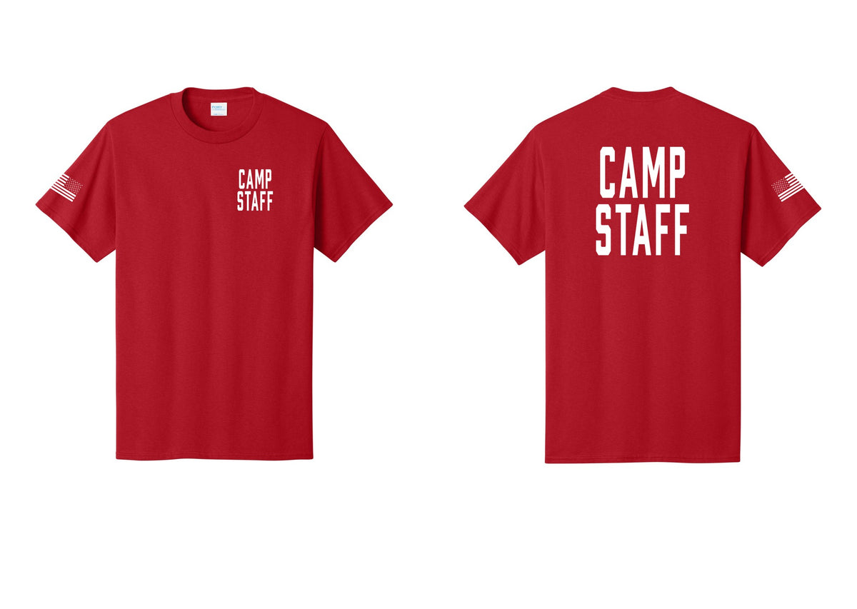NYC Factory Unisex Camp Staff Classic T-Shirt - Chest + Back + US Flag Sleeve - Red