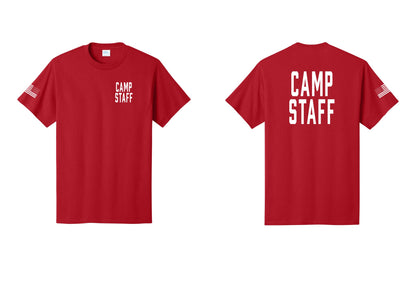 NYC Factory Unisex Camp Staff Classic T-Shirt - Chest + Back + US Flag Sleeve - Red