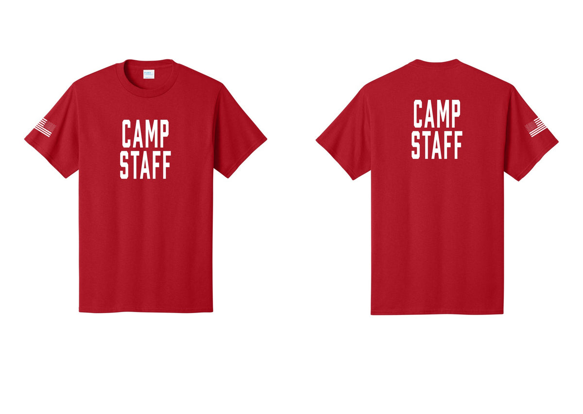 NYC Factory Camp Staff T-Shirt, Condensed Lettering - Front + Back + US Flag Sleeve - Red