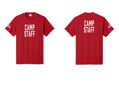 NYC Factory Camp Staff T-Shirt, Condensed Lettering - Front + Back + US Flag Sleeve - Red