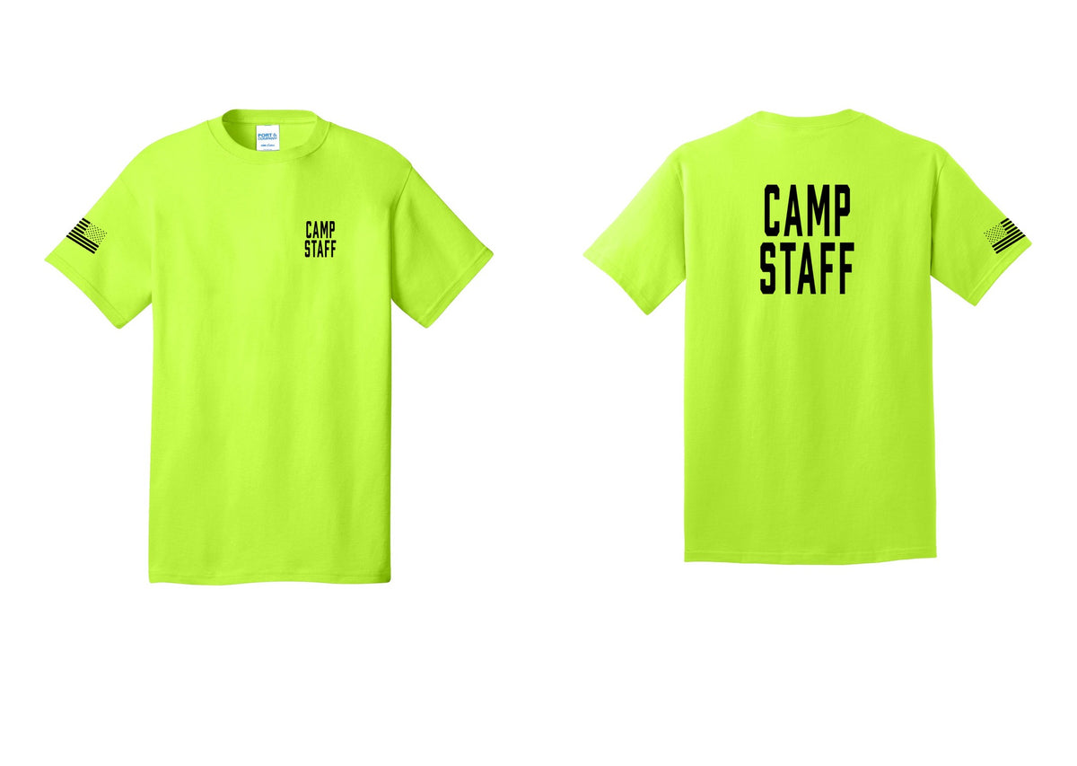 NYC Factory Camp Staff T-Shirt, Condensed Lettering - Chest + Back + US Flag Sleeve - Safety Green