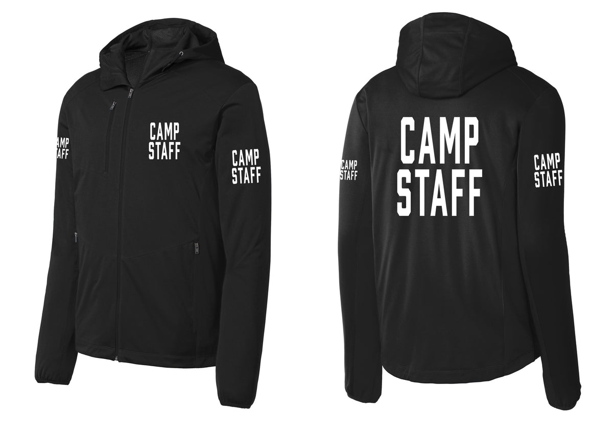 NYC Factory Camp Staff Soft Shell Hooded Jacket (Classic) - Chest + Back + Camp Staff Sleeves - Deep Black