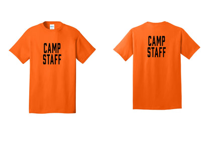 NYC Factory Camp Staff T-Shirt, Condensed Lettering - Front + Back - Safety Orange