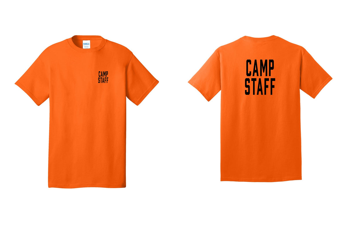 NYC Factory Camp Staff T-Shirt, Condensed Lettering - Chest + Back - Safety Orange