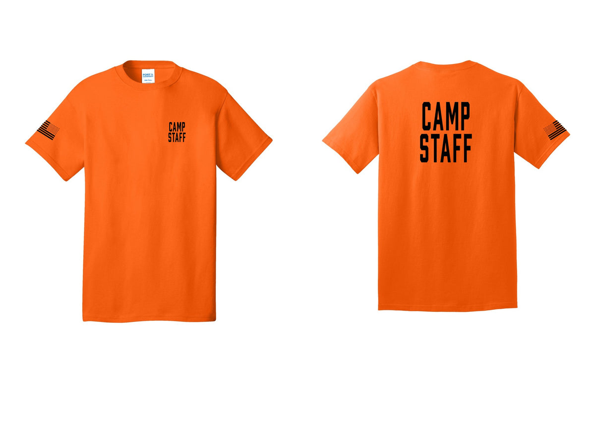 NYC Factory Camp Staff T-Shirt, Condensed Lettering - Chest + Back + US Flag Sleeve - Safety Orange