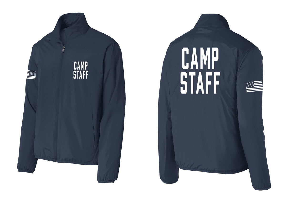 NYC Factory Camp Staff Windbreaker Full-Zip Jacket (Classic) - Chest + Back + US Flag Sleeve - Dress Blue Navy