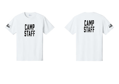 NYC Factory Camp Staff T-Shirt, Condensed Lettering - Front + Back + US Flag Sleeve - White