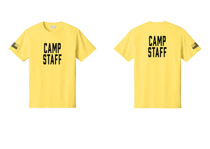 NYC Factory Camp Staff T-Shirt, Condensed Lettering - Front + Back + US Flag Sleeve - Yellow