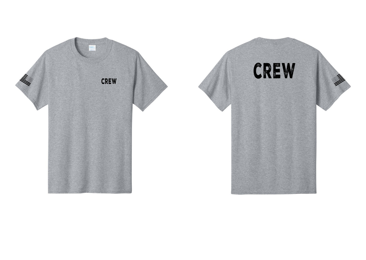 NYC Factory Crew T-Shirt, Rustic Lettering - Chest + Back + US Flag Sleeve - Athletic Heather