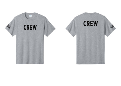NYC Factory Crew T-Shirt for Event Staff & Production Teams (Rustic) - Front + Back + US Flag Sleeve - Athletic Heather