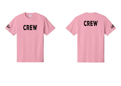 NYC Factory Crew T-Shirt, Rustic Lettering - Front + Back + US Flag Sleeve - Candy Pink