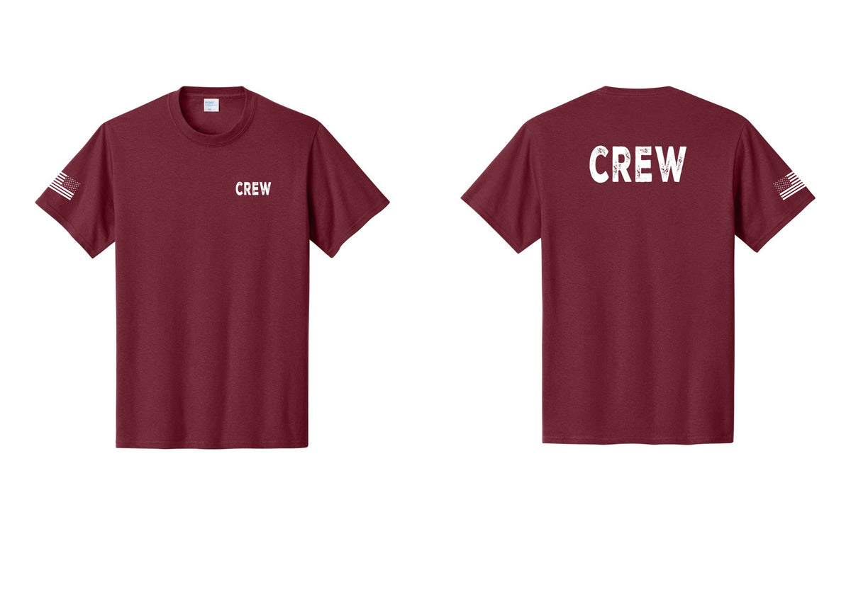 NYC Factory Crew T-Shirt, Rustic Lettering - Chest + Back + US Flag Sleeve - Cardinal