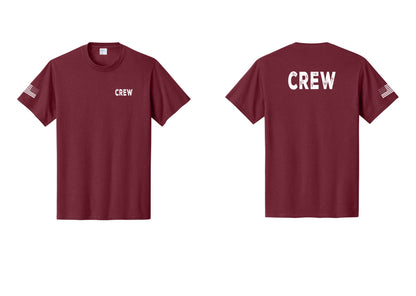 NYC Factory Crew T-Shirt, Rustic Lettering - Chest + Back + US Flag Sleeve - Cardinal