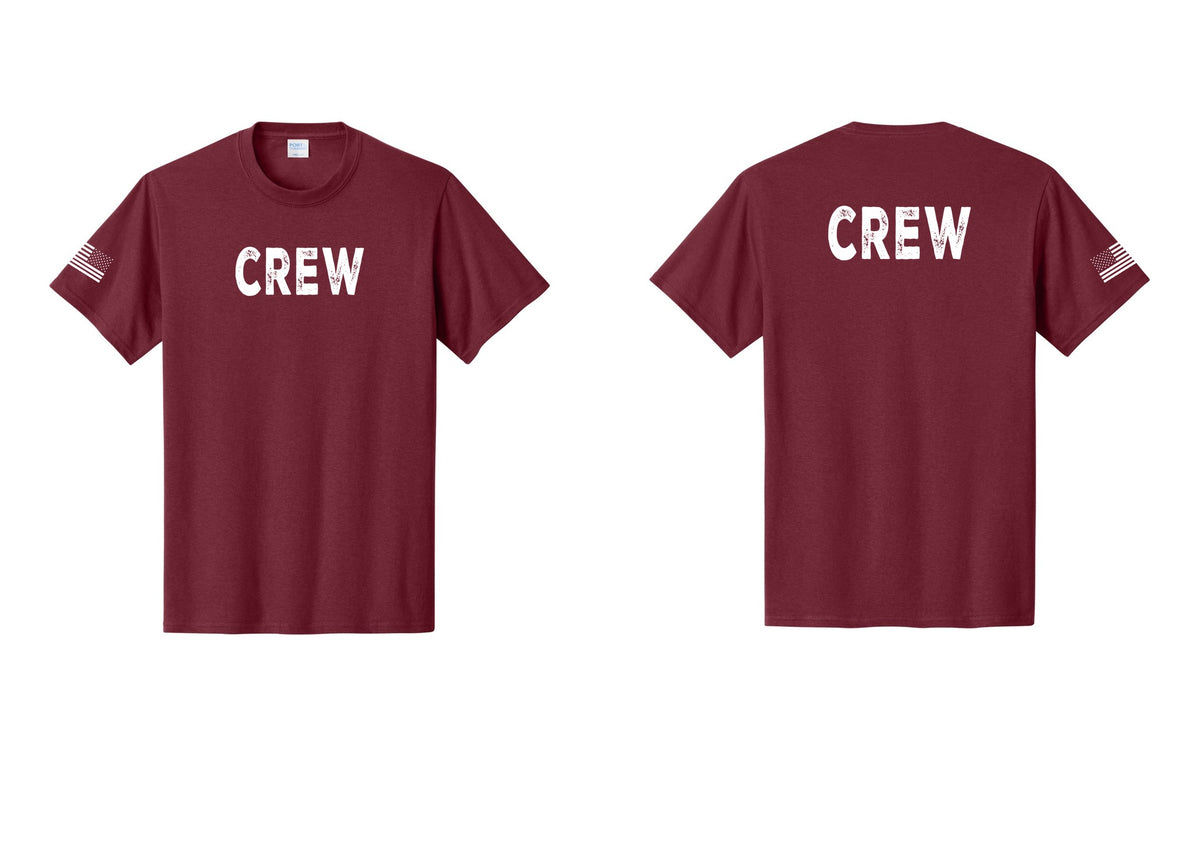 NYC Factory Crew T-Shirt for Event Staff & Production Teams (Rustic) - Front + Back + US Flag Sleeve - Cardinal