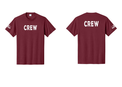 NYC Factory Crew T-Shirt for Event Staff & Production Teams (Rustic) - Front + Back + US Flag Sleeve - Cardinal
