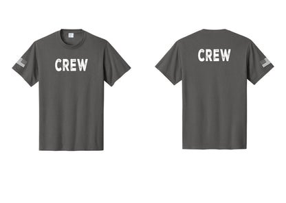 NYC Factory Crew T-Shirt, Rustic Lettering - Front + Back + US Flag Sleeve - Charcoal