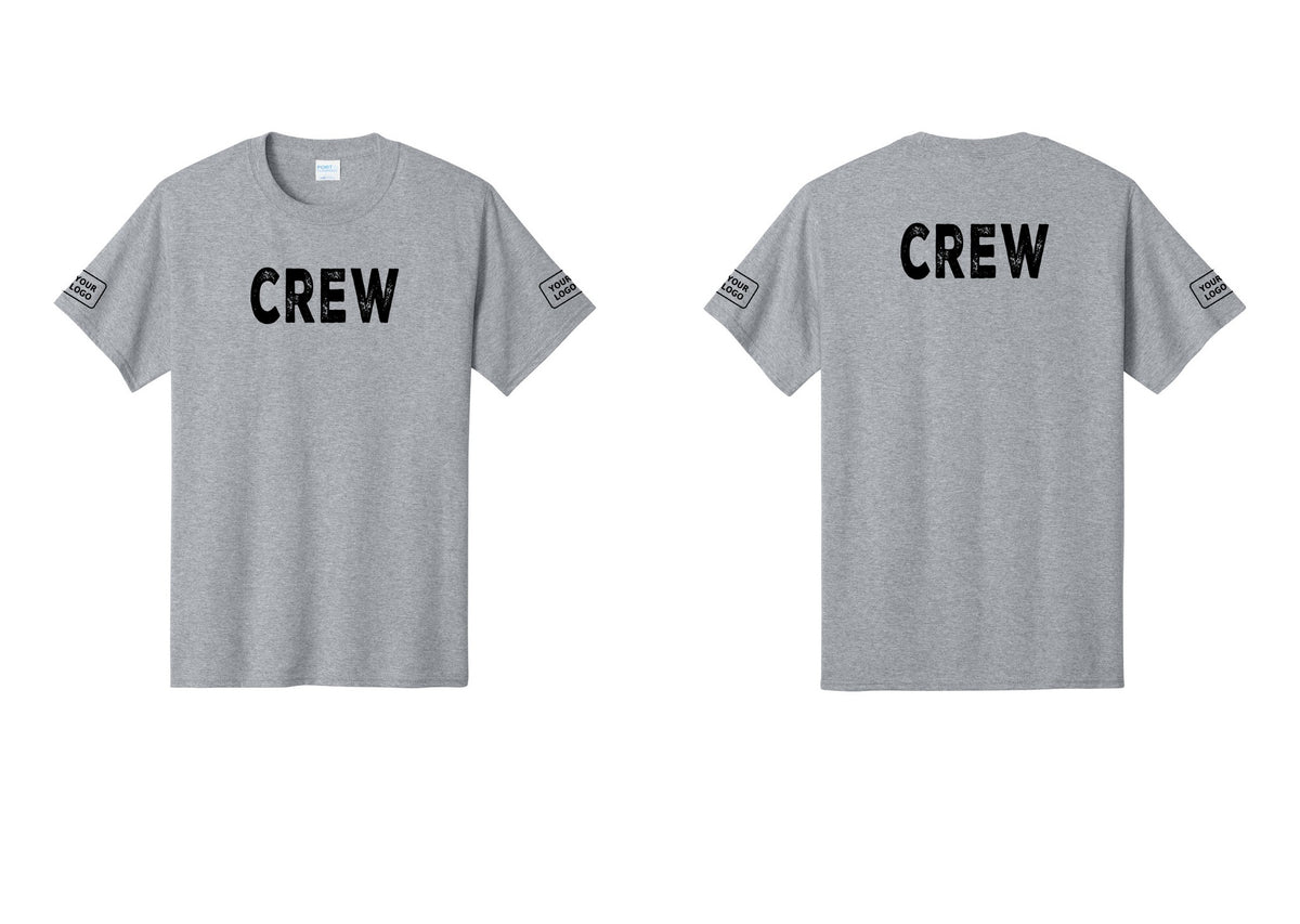 NYC Factory Custom Logo Crew T-Shirt, Rustic Lettering - Front + Back + Your Logo Sleeves - Athletic Heather