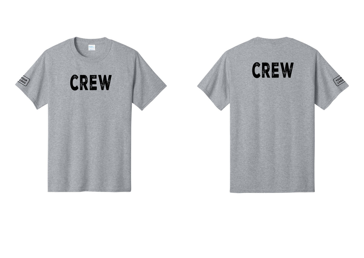 NYC Factory Custom Logo Crew T-Shirt, Rustic Lettering - Front + Back + Your Logo Sleeve - Athletic Heather