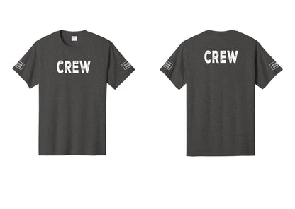 NYC Factory Custom Logo Crew T-Shirt, Rustic Lettering - Front + Back + Your Logo Sleeves - Dark Heather Grey