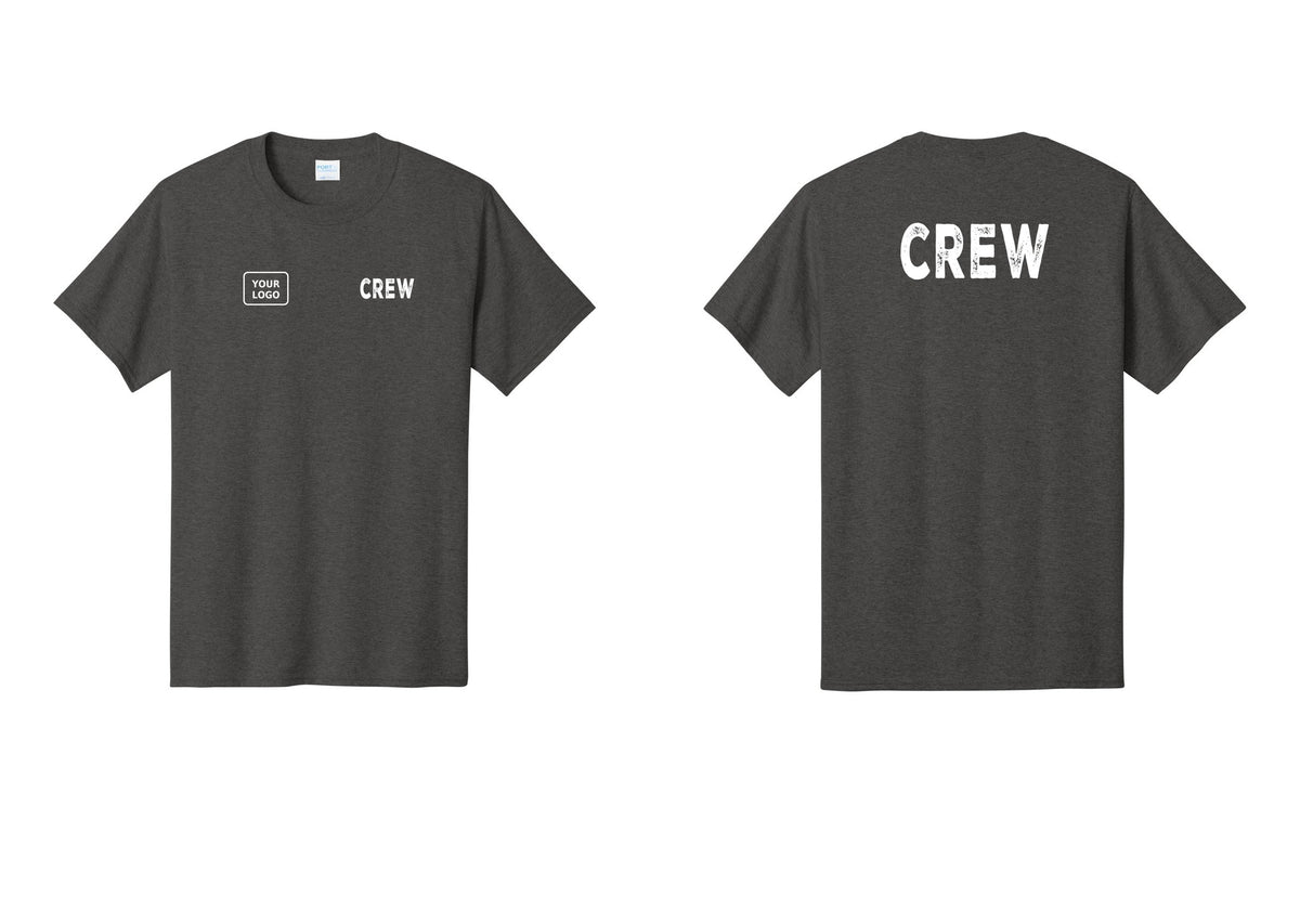 NYC Factory Custom Logo Crew T-Shirt, Rustic Lettering - CREW + Your Logo + Back - Dark Heather Grey