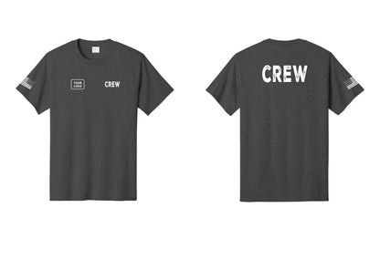 NYC Factory Custom Work Crew Uniform Tee with Your Logo (Rustic) - CREW + Your Logo + Back + US Flag Sleeve - Dark Heather Grey