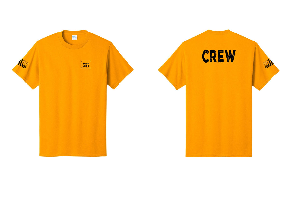 NYC Factory Custom Logo Crew T-Shirt, Rustic Lettering - Your Logo + Back + US Flag Sleeve - Gold