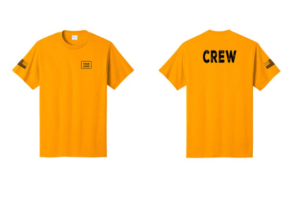 NYC Factory Custom Logo Crew T-Shirt, Rustic Lettering - Your Logo + Back + US Flag Sleeve - Gold
