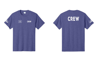 NYC Factory Custom Logo Crew T-Shirt, Rustic Lettering - CREW + Your Logo + Back + US Flag Sleeve - Heather Purple
