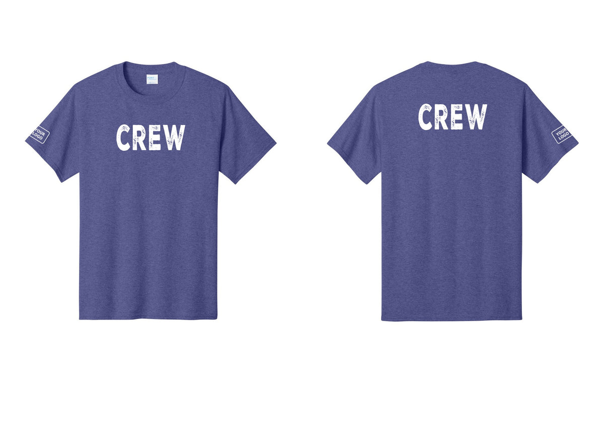 NYC Factory Custom Logo Crew T-Shirt, Rustic Lettering - Front + Back + Your Logo Sleeve - Heather Purple