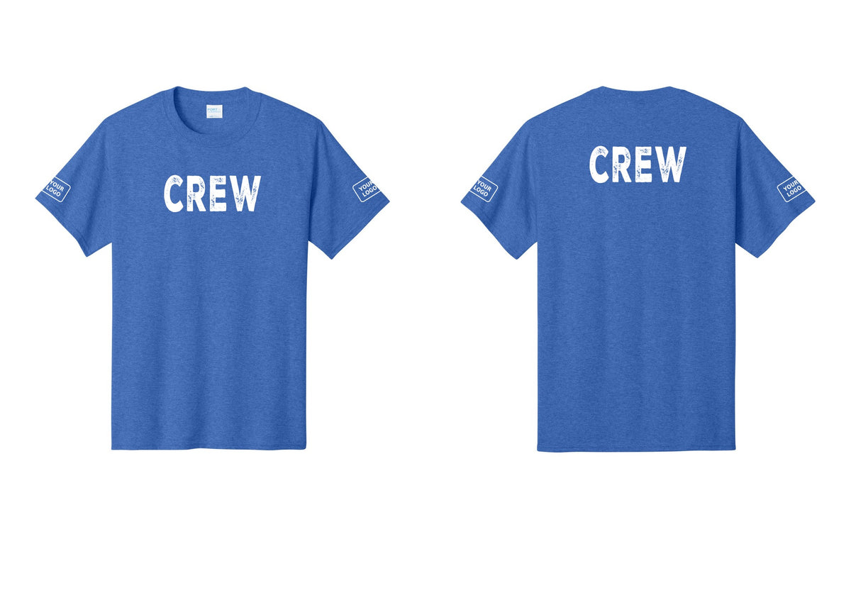 NYC Factory Custom Logo Crew T-Shirt, Rustic Lettering - Front + Back + Your Logo Sleeves - Heather Royal