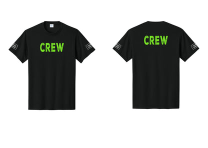 NYC Factory Custom Logo Crew T-Shirt, Rustic Lettering - Front + Back + Your Logo Sleeves - Black / Neon