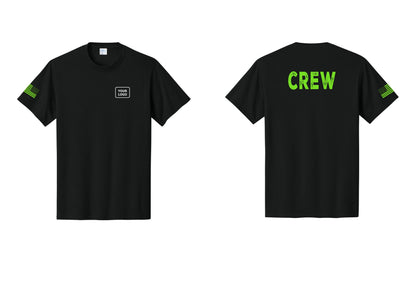 NYC Factory Custom Logo Crew T-Shirt, Rustic Lettering - Your Logo + Back + US Flag Sleeve - Black / Neon