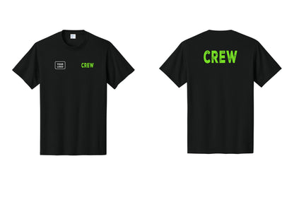 NYC Factory Custom Logo Crew T-Shirt, Rustic Lettering - CREW + Your Logo + Back - Black / Neon