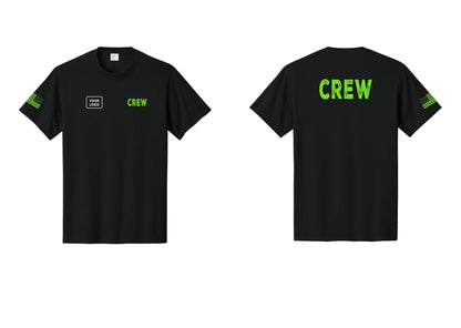 NYC Factory Custom Logo Crew T-Shirt, Rustic Lettering - CREW + Your Logo + Back + US Flag Sleeve - Black / Neon