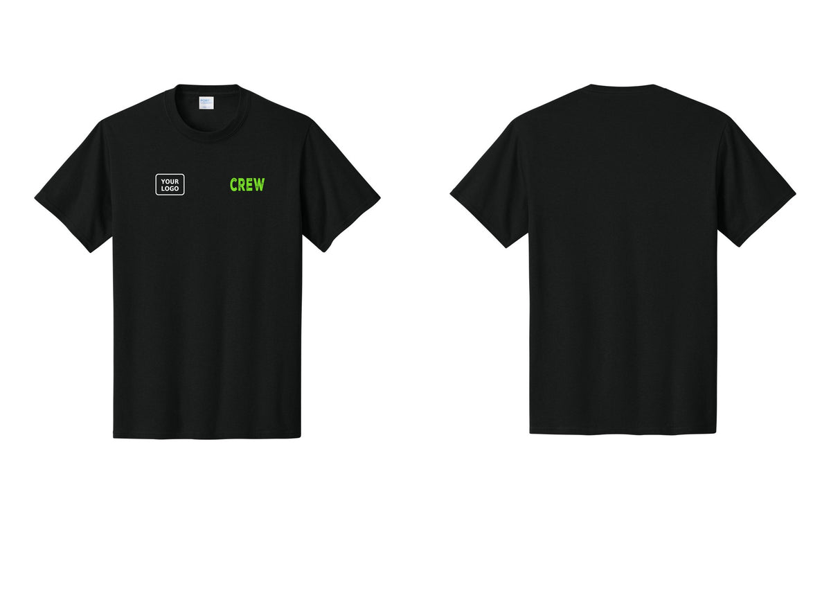 NYC Factory Custom Logo Crew T-Shirt, Rustic Lettering - CREW + Your Logo - Black / Neon