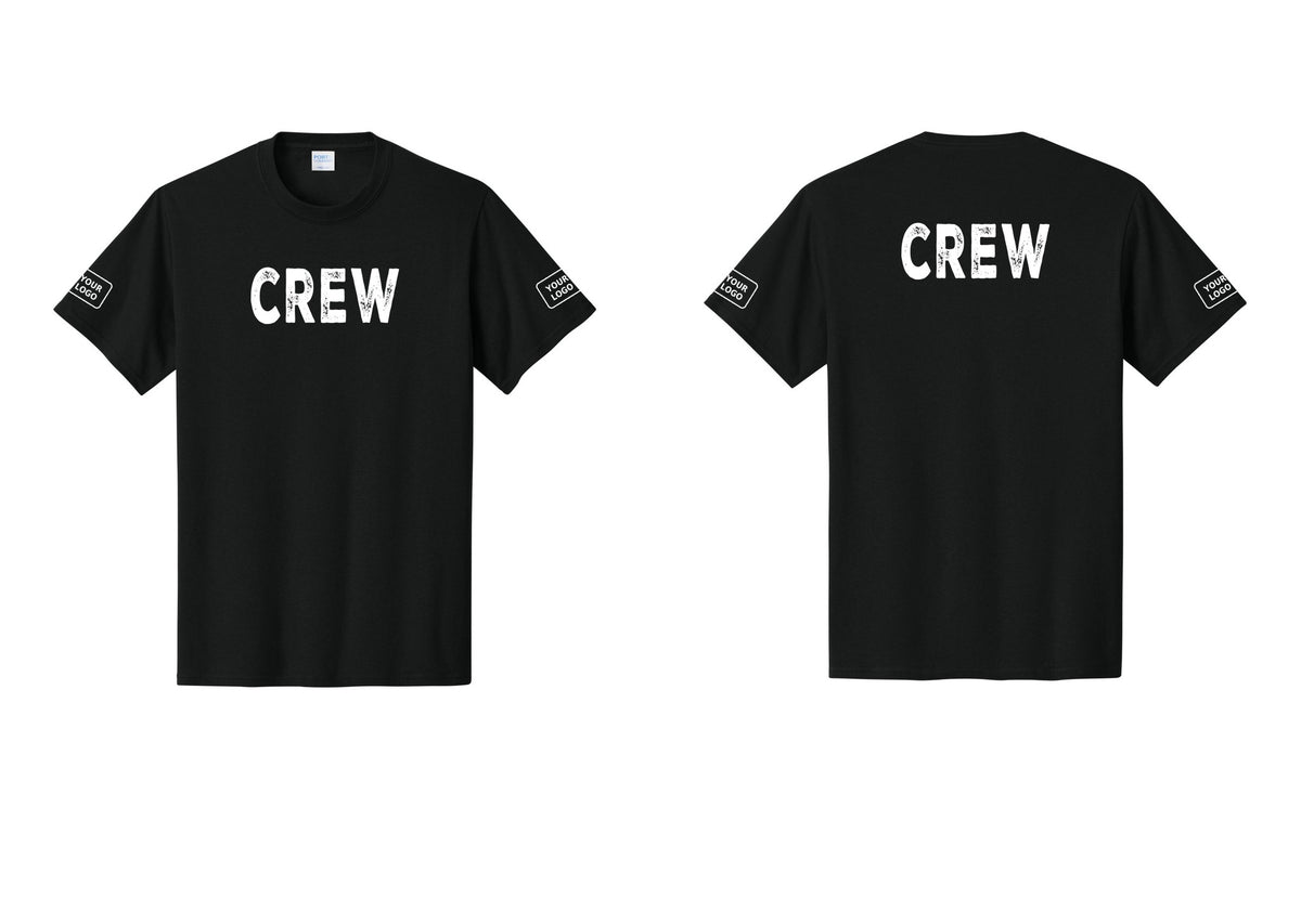 NYC Factory Custom Logo Crew T-Shirt, Rustic Lettering - Front + Back + Your Logo Sleeves - Black