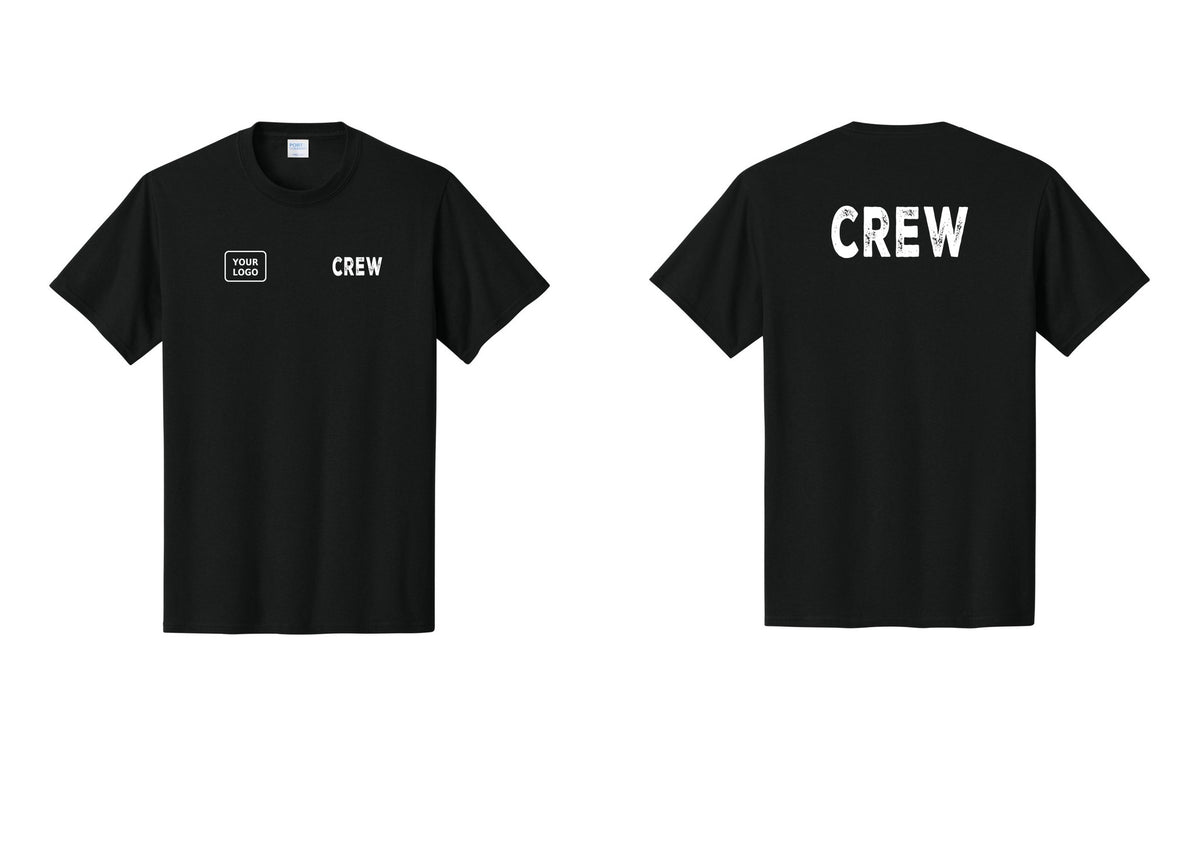 NYC Factory Custom Logo Crew T-Shirt, Rustic Lettering - CREW + Your Logo + Back - Black