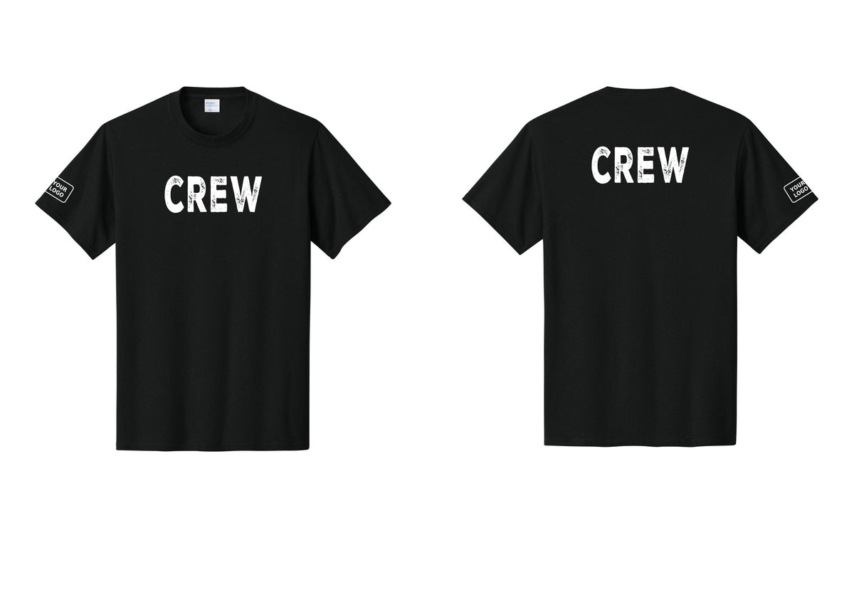 NYC Factory Custom Logo Crew T-Shirt, Rustic Lettering - Front + Back + Your Logo Sleeve - Black
