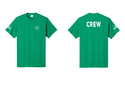 NYC Factory Custom Logo Crew T-Shirt, Rustic Lettering - Your Logo + Back + US Flag Sleeve - Kelly