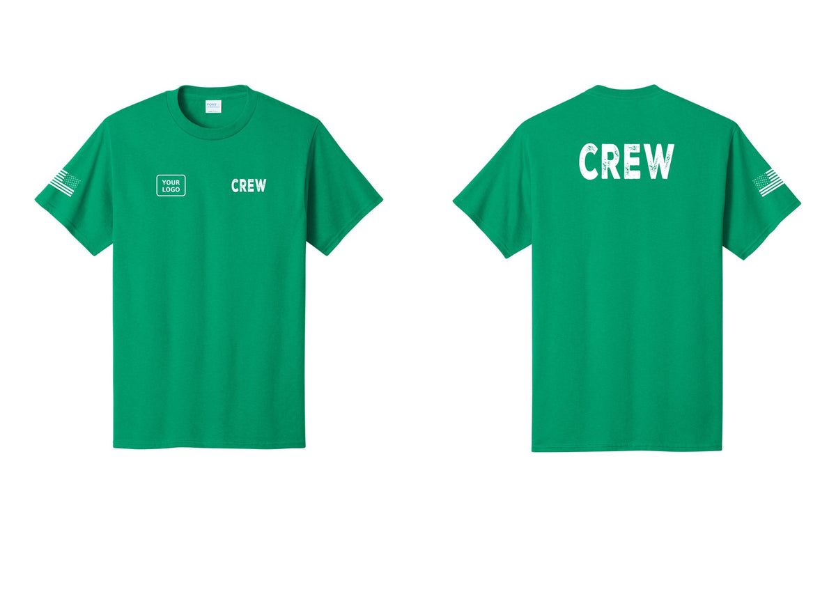 NYC Factory Custom Logo Crew T-Shirt, Rustic Lettering - CREW + Your Logo + Back + US Flag Sleeve - Kelly