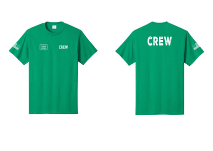 NYC Factory Custom Logo Crew T-Shirt, Rustic Lettering - CREW + Your Logo + Back + US Flag Sleeve - Kelly