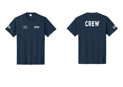 NYC Factory Custom Logo Crew T-Shirt, Rustic Lettering - CREW + Your Logo + Back + US Flag Sleeve - Navy