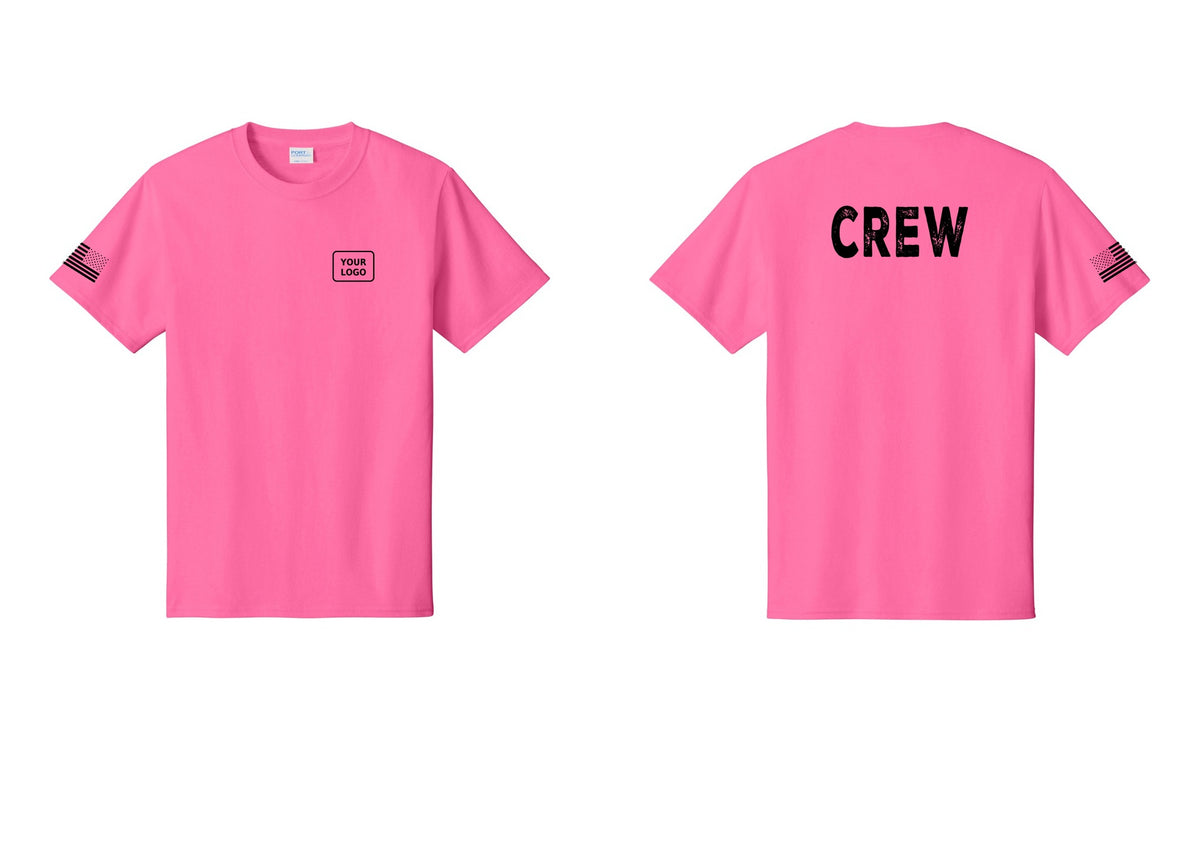 NYC Factory Custom Logo Crew T-Shirt, Rustic Lettering - Your Logo + Back + US Flag Sleeve - Neon Pink