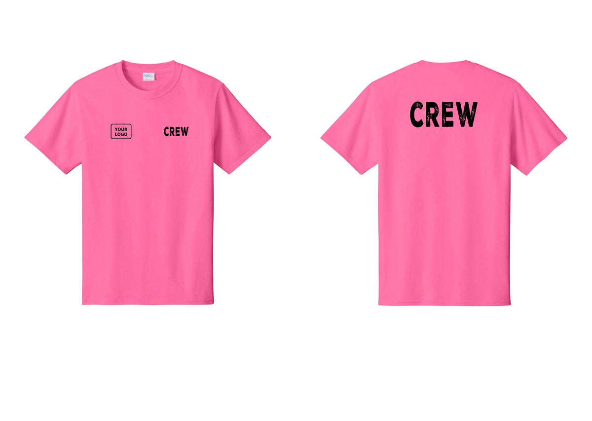 NYC Factory Custom Logo Crew T-Shirt, Rustic Lettering - CREW + Your Logo + Back - Neon Pink