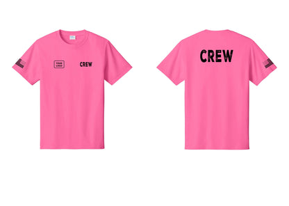 NYC Factory Custom Logo Crew T-Shirt, Rustic Lettering - CREW + Your Logo + Back + US Flag Sleeve - Neon Pink