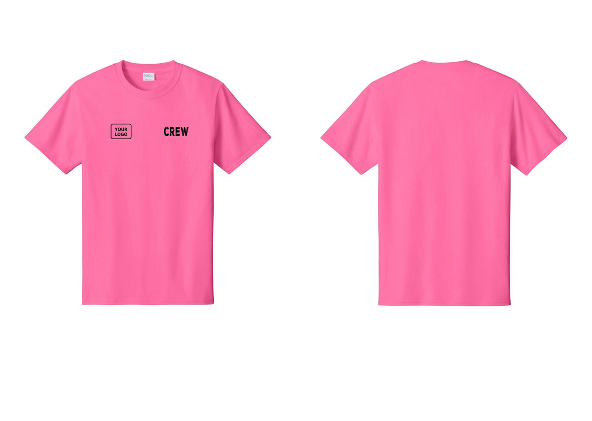 NYC Factory Custom Logo Crew T-Shirt, Rustic Lettering - CREW + Your Logo - Neon Pink