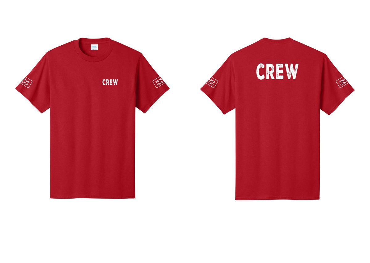 NYC Factory Custom Logo Crew T-Shirt, Rustic Lettering - Chest + Back + Your Logo Sleeves - Red