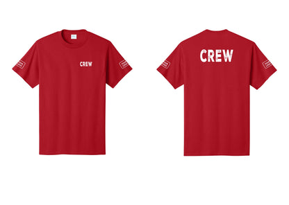 NYC Factory Custom Logo Crew T-Shirt, Rustic Lettering - Chest + Back + Your Logo Sleeves - Red