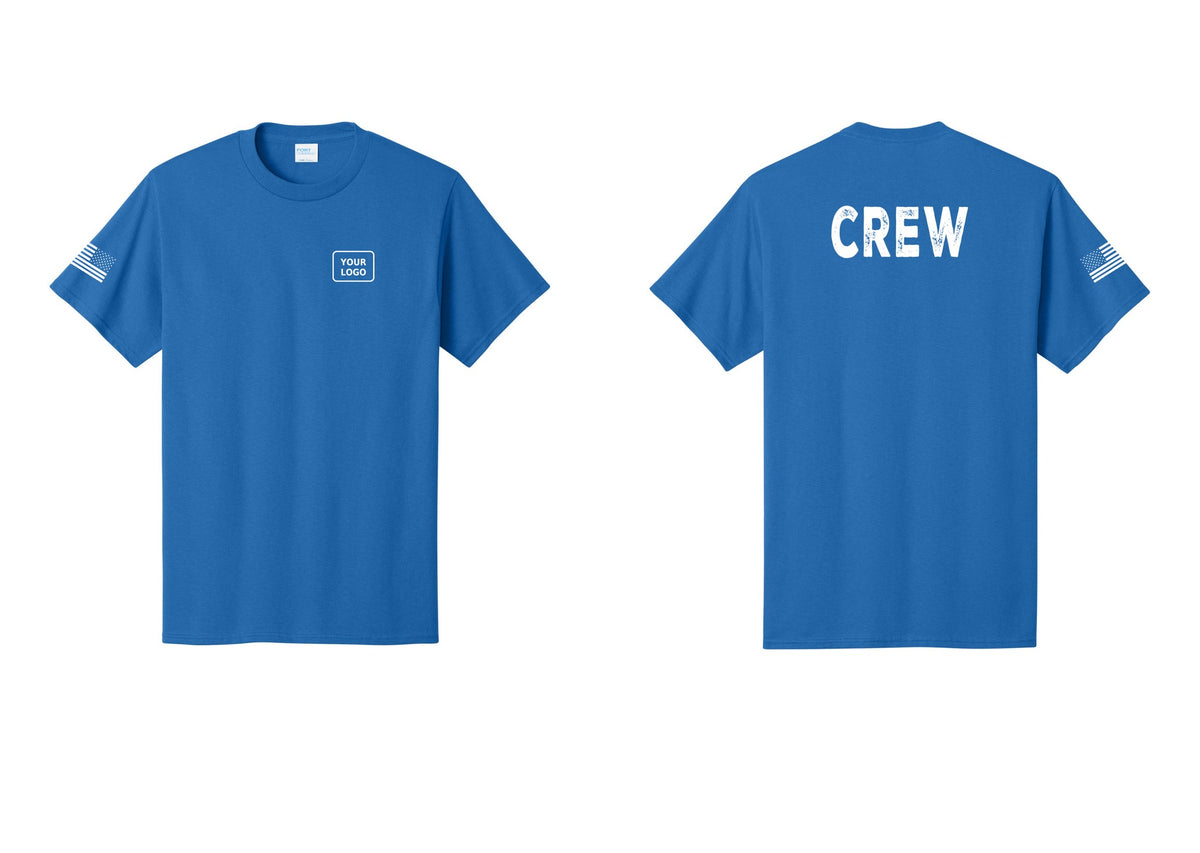 NYC Factory Custom Logo Crew T-Shirt, Rustic Lettering - Your Logo + Back + US Flag Sleeve - Royal