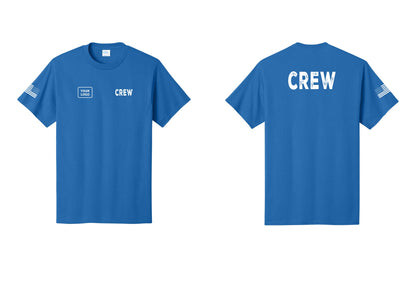 NYC Factory Custom Logo Crew T-Shirt, Rustic Lettering - CREW + Your Logo + Back + US Flag Sleeve - Royal